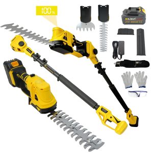 4-in-1 Pole Hedge Trimmer & Grass Shear, 16FT Reach, Electric Bush Trimmer with Extension Pole, Cordless Shrub Trimmer with 180° Adjustable Angle, Brushless Motor, LCD Display, 4.0Ah Battery