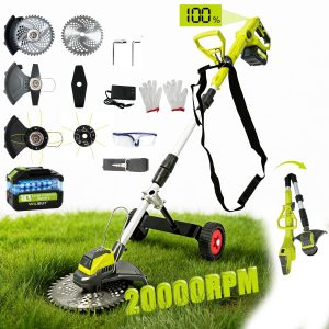3-in-1 Cordless Weed Wacker with Wheels, 12-Inch Weed Eater Battery Powered Brush Cutter, 2x4.0Ah Batteries, LCD Display, Grass Trimmer Stringless Weed Trimmer Lawn Mower Edger