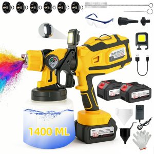 1400ml Electric Spray Gun for Walls, 21V Cordless Paint Sprayer with 2×4000mAh Battery, 6 Nozzles & 3 Spray Patterns, Cabinets & House Painting