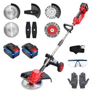 Electric Weed Wacker with Wheel, 3-in-1 Brushless Brush Cutter/String Trimmer/Grass Trimmer/Lawn Mower, 12" Cordless Weed Eater Battery Powered, 2 * 4000mAh Battery, 4 Blade and Charger