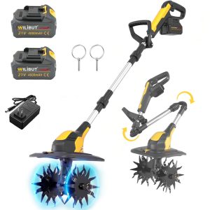 Electric Garden Tiller Cultivator, Cordless Rototiller for Gardening with 2X4.0Ah Batteries & Charge & LCD Display, 9-Inch Tilling Width, 6.6-Inch Depth Tiller for Soil Cultivation, Weeding