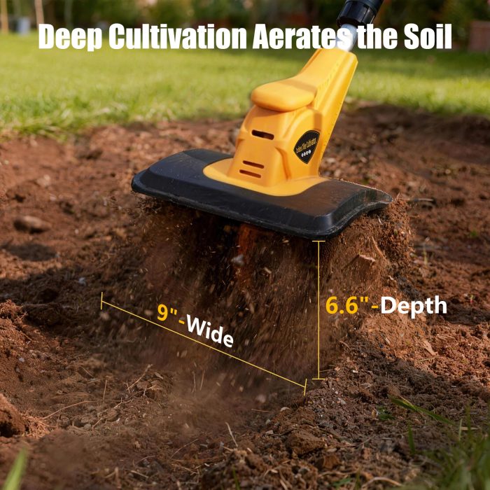 Powerful Garden Cultivator for Deep Soil Cultivation Garden cultivator digging deep into soil for better aeration and planting preparation