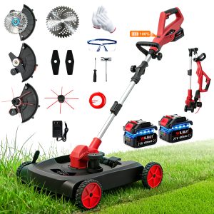 4-in-1 Cordless Lawn Mower, Weed Eater and Edger Combo, Adjustable Height & Angle, Electric String Trimmer with Wheels Grass Trimmer for Garden Yard (2x4.0Ah Battery & Charger Included)