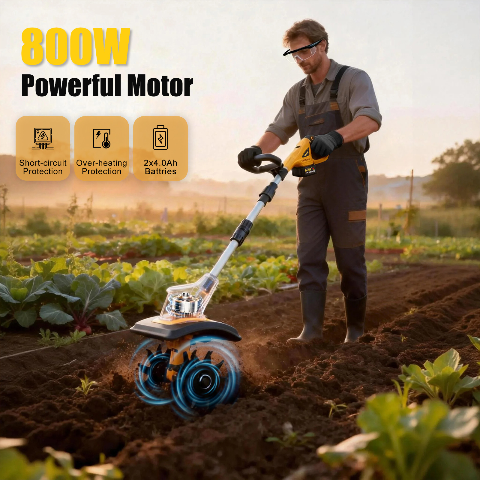 Actual footage of a lithium-ion battery-powered handheld tiller in action for field loosening; 800W high-power compact vegetable garden rotary tiller and weeder; household farming tool