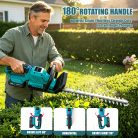 Cordless Hedge Trimmer equipped with a 180° rotating handle, ideal for trimming shrubs in US residential backyards.