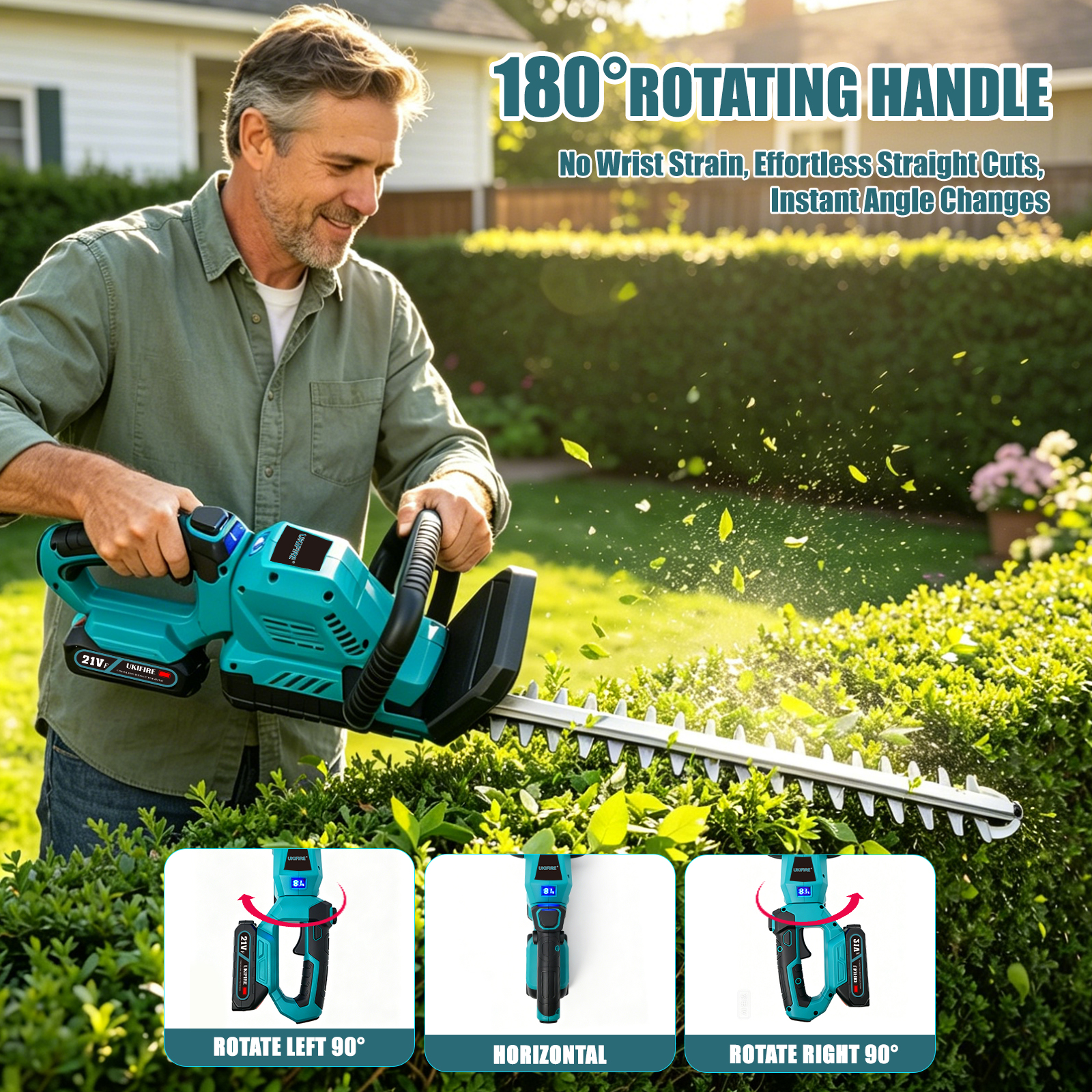 Cordless Hedge Trimmer equipped with a 180° rotating handle, ideal for trimming shrubs in US residential backyards.