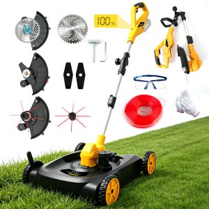 Cordless Lawn Mower (Compatible with DEWALT Battery), 1000W Brushless String Trimmer & Wheeled Edger Combo Kit, with 3-Position Cutting Height & LCD Display, Electric Weed Wacker for Garden(Tool Only)