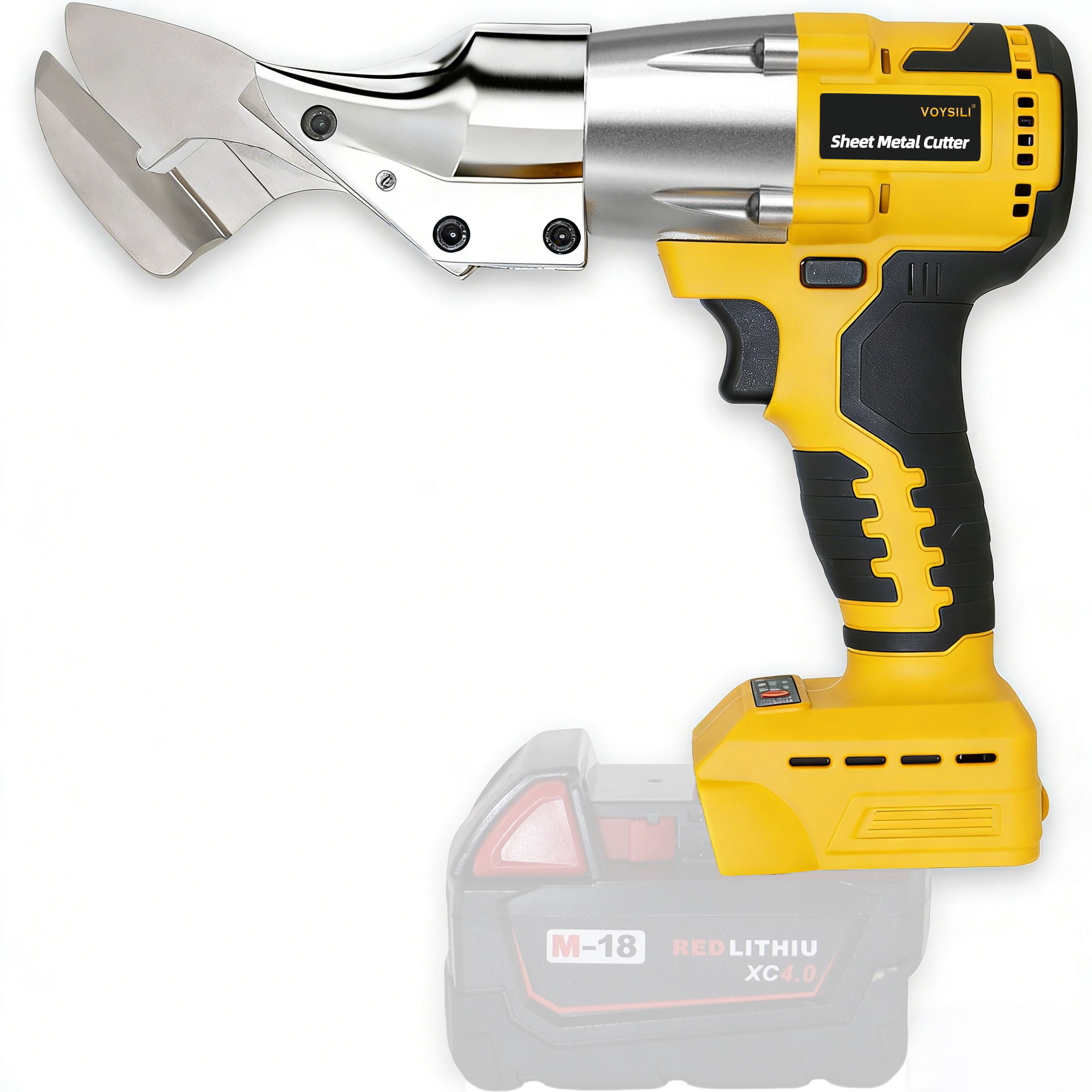 Electric shears can cut a variety of materials, such as cardboard, metal, leather, plastic, carpet, and fabric